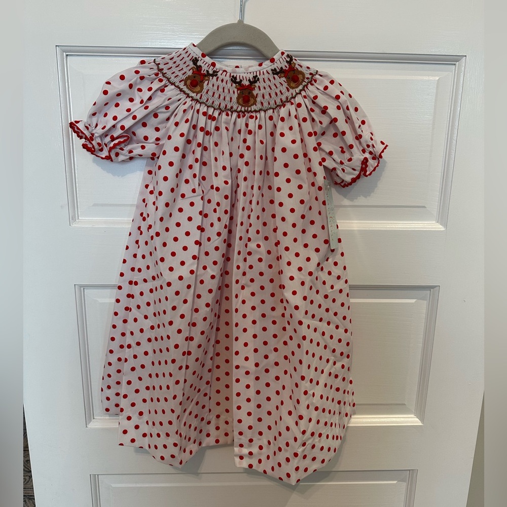 NWT Red Polka Dot Reindeer Smocked Dress